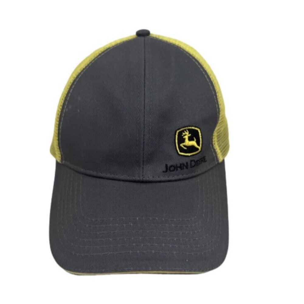 John Deere Mens Trucker Hat Gray Yellow Logo Patch Mesh Back Cap Tribal OSFM